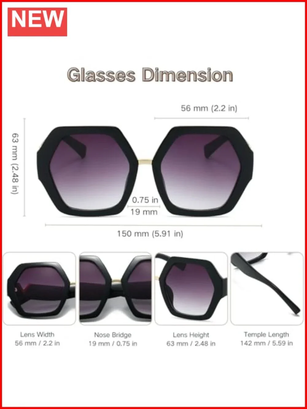 Oversized Hexagonal Retro Sunglasses with Gold Metal Accents